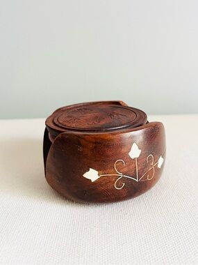 Vintage Carved Wood Coaster Set of 6 with Inlaid Floral Holder